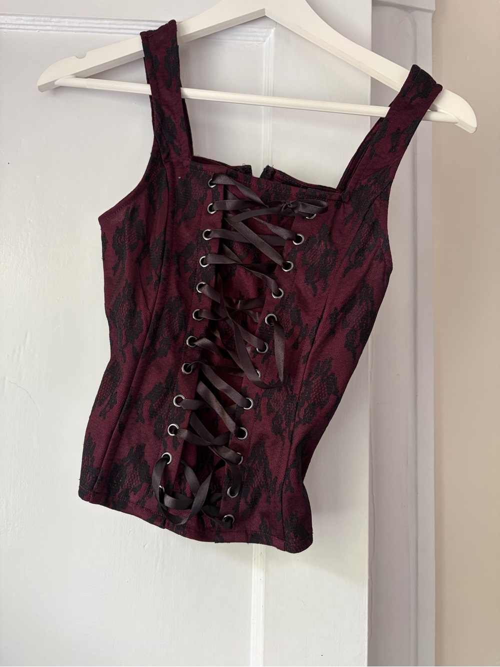 Lace-Up Burgundy Floral Corset Tank Top